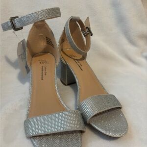 Time and Tru Sparkling Silver Ankle-Strap Block Heels